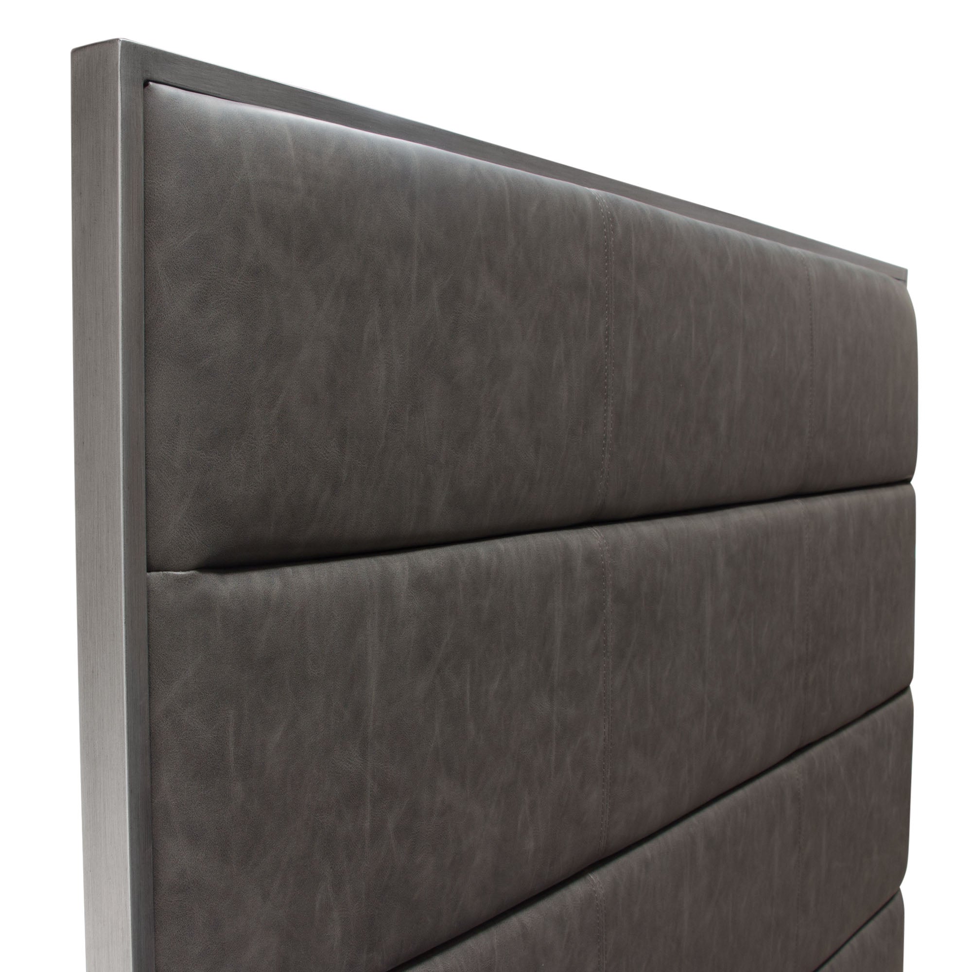 Empire Queen Bed in Weathered Grey PU with Hand brushed Silver Metal Frame by Diamond Sofa - styled in a staged room by Center Stage Home Design