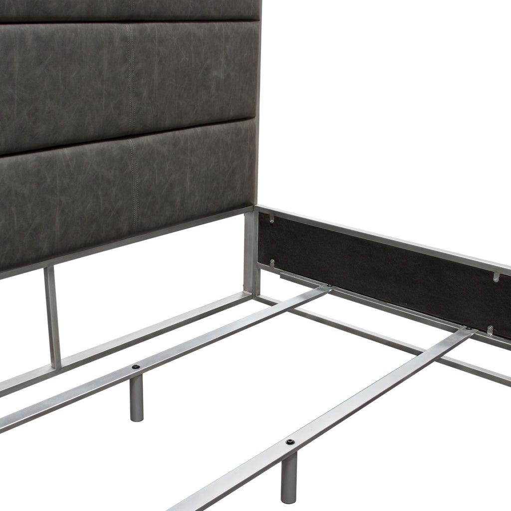 Empire Queen Bed in Weathered Grey PU with Hand brushed Silver Metal Frame by Diamond Sofa - styled in a staged room by Center Stage Home Design