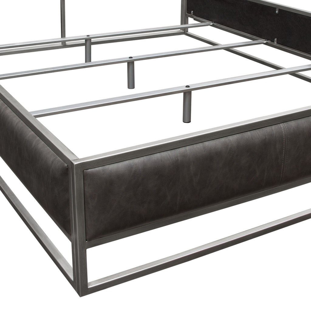 Empire Queen Bed in Weathered Grey PU with Hand brushed Silver Metal Frame by Diamond Sofa - styled in a staged room by Center Stage Home Design
