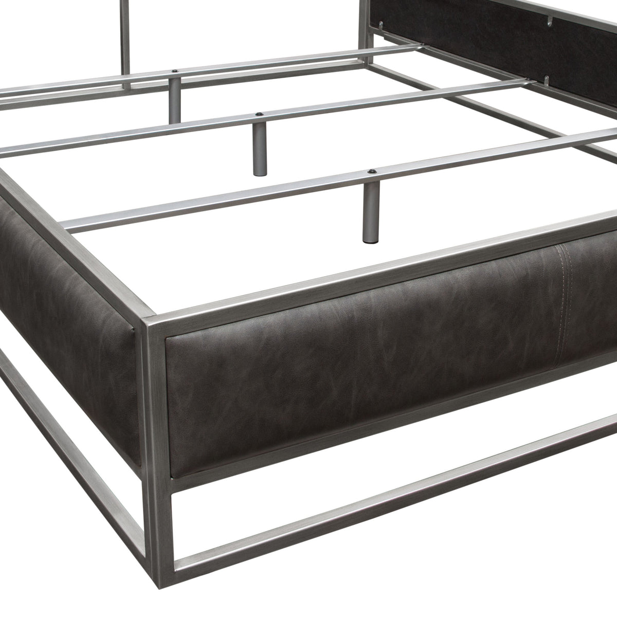 Empire Queen Bed in Weathered Grey PU with Hand brushed Silver Metal Frame by Diamond Sofa - styled in a staged room by Center Stage Home Design