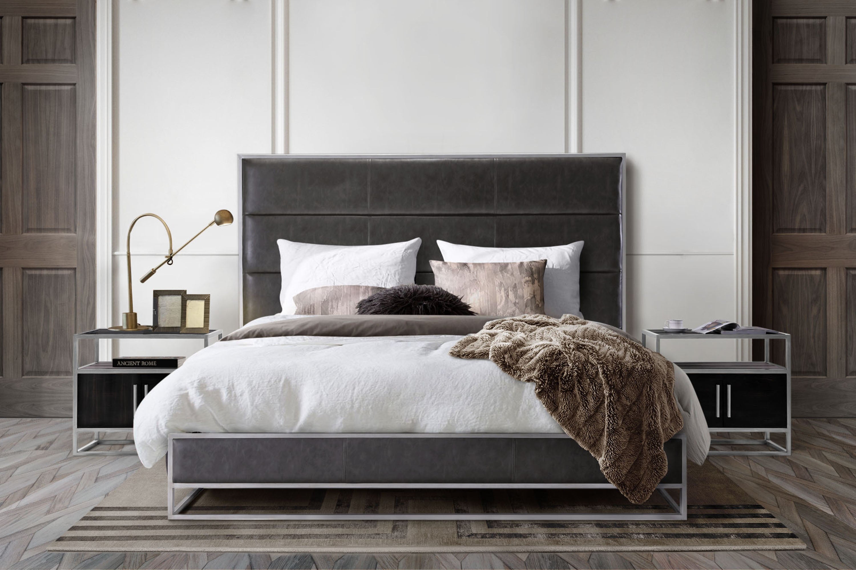 Empire Queen Bed in Weathered Grey PU with Hand brushed Silver Metal Frame by Diamond Sofa - styled in a staged room by Center Stage Home Design