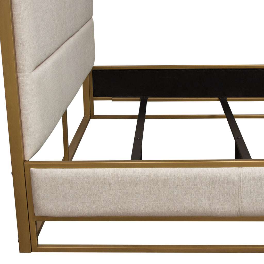 Empire Queen Bed in Sand Fabric with Hand brushed Gold Metal Frame by Diamond Sofa - styled in a staged room by Center Stage Home Design