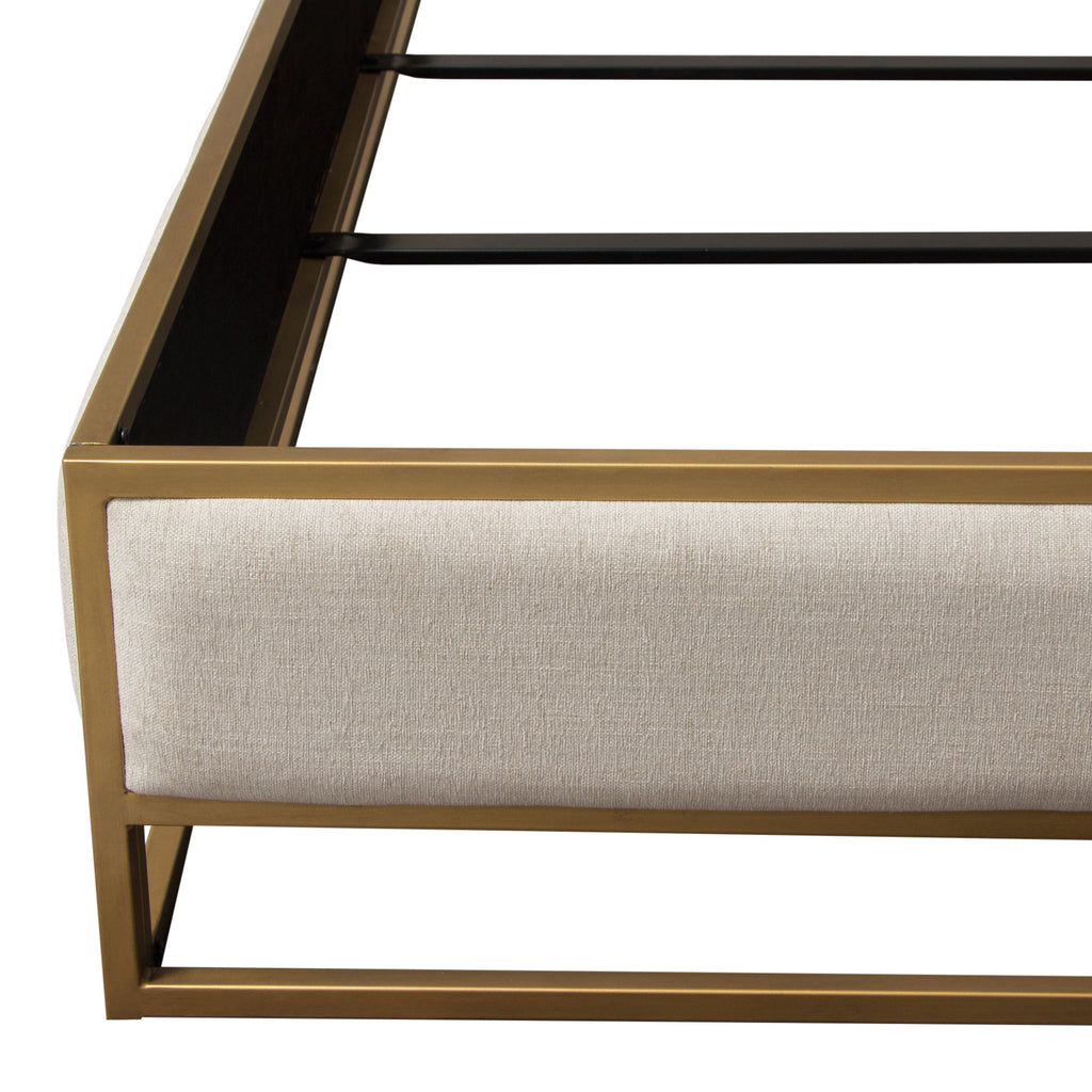 Empire Queen Bed in Sand Fabric with Hand brushed Gold Metal Frame by Diamond Sofa - styled in a staged room by Center Stage Home Design