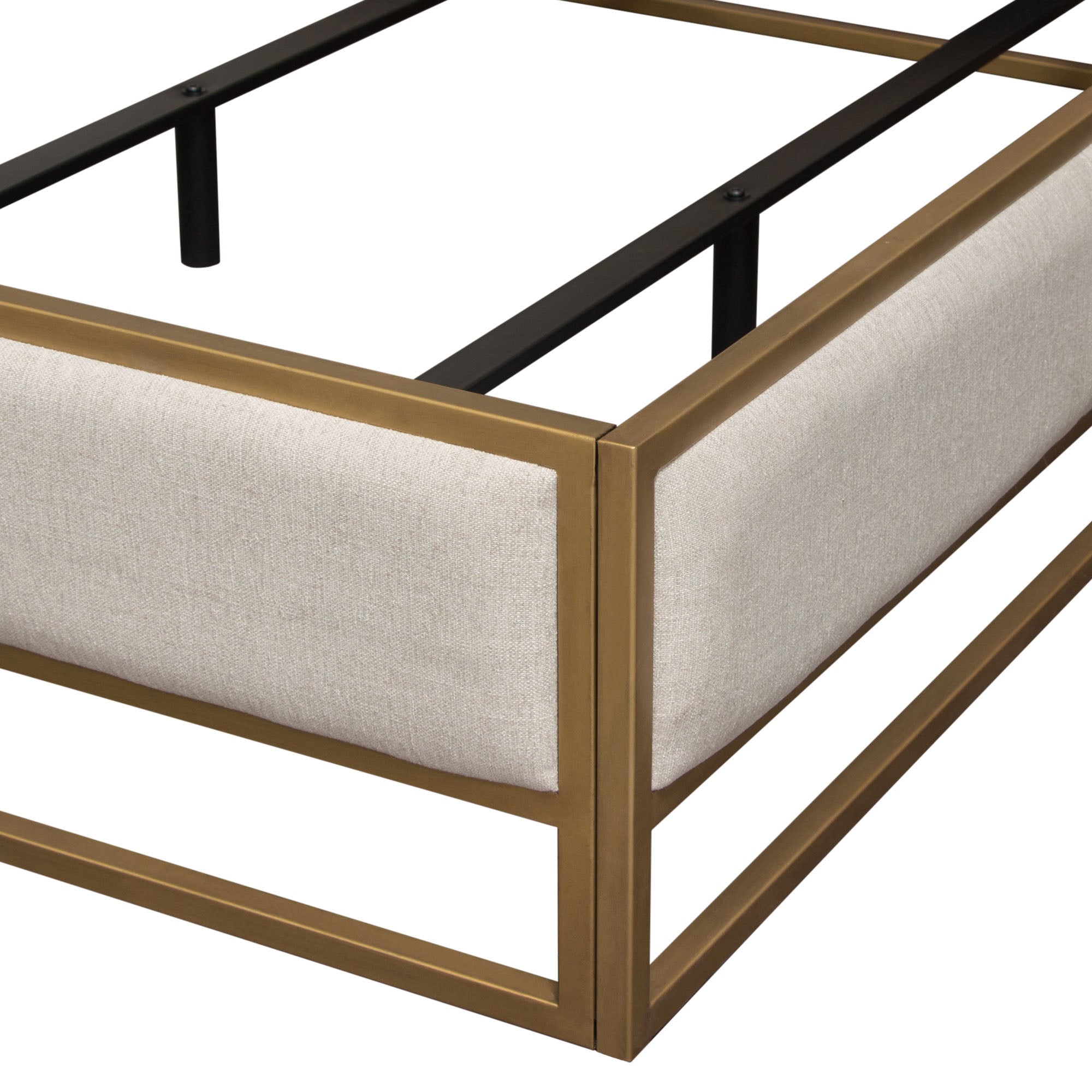 Empire Queen Bed in Sand Fabric with Hand brushed Gold Metal Frame by Diamond Sofa - styled in a staged room by Center Stage Home Design