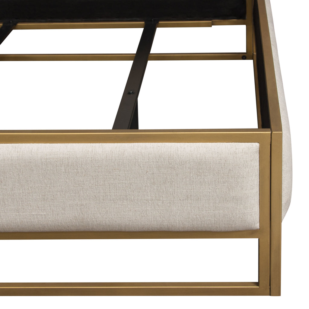 Empire Queen Bed in Sand Fabric with Hand brushed Gold Metal Frame by Diamond Sofa - styled in a staged room by Center Stage Home Design