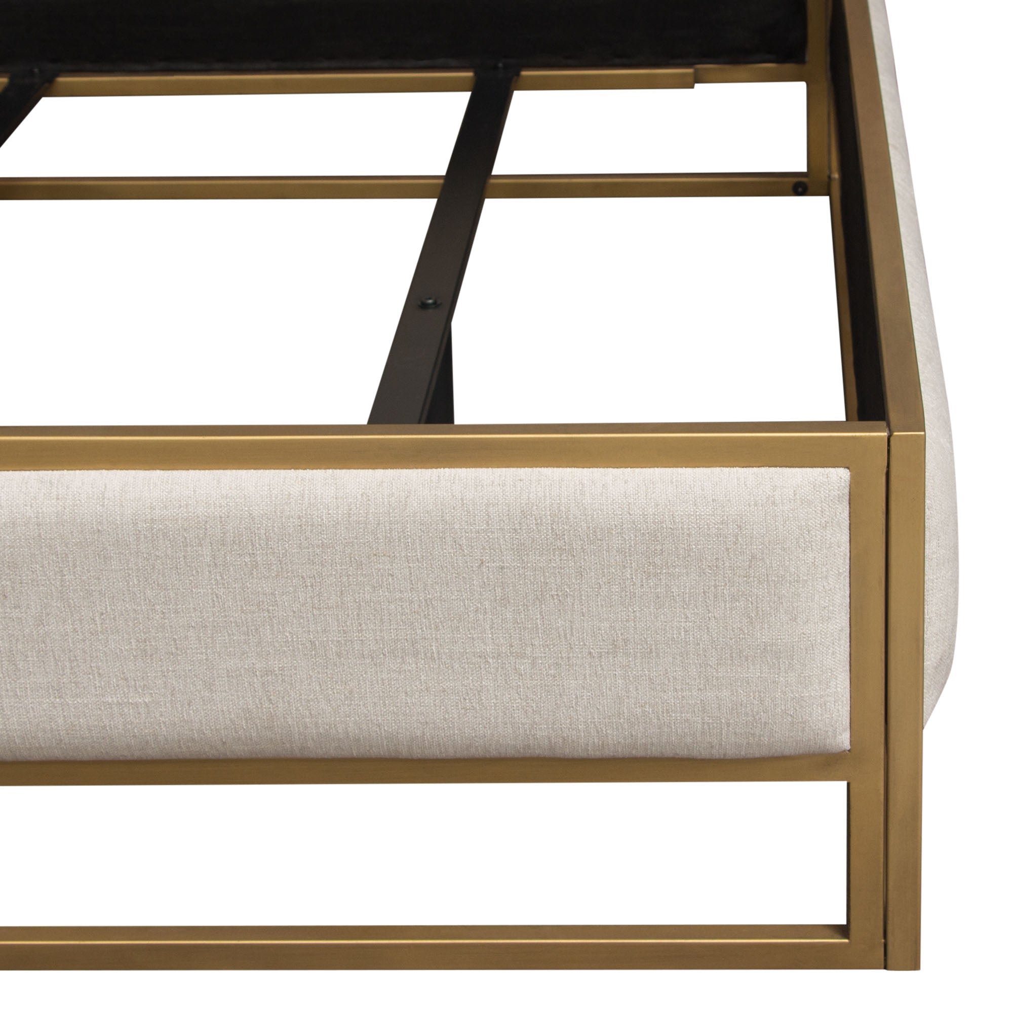 Empire Queen Bed in Sand Fabric with Hand brushed Gold Metal Frame by Diamond Sofa - styled in a staged room by Center Stage Home Design