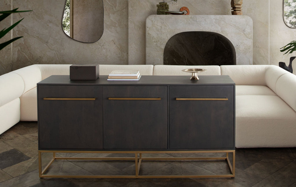 Encore Solid Mango Wood 3-Door Sideboard in Grey Oak Finish w/ Gold Metal Handle & Base by Diamond Sofa - styled in a staged room by Center Stage Home Design