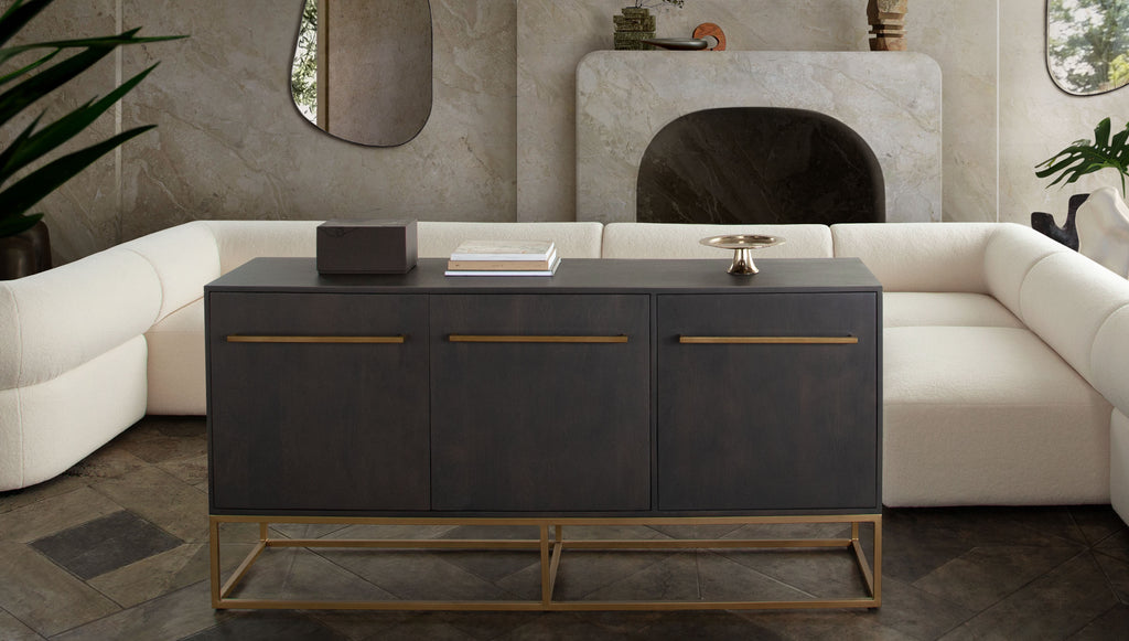 Encore Solid Mango Wood 3-Door Sideboard in Grey Oak Finish w/ Gold Metal Handle & Base by Diamond Sofa - styled in a staged room by Center Stage Home Design