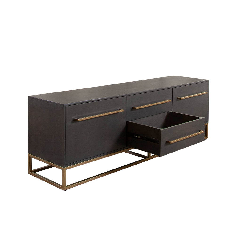 Encore Solid Mango Wood 2-Door / 2-Drawer Entertainment Cabinet in Grey Oak Finish w/ Gold Metal Handle & Base by Diamond Sofa