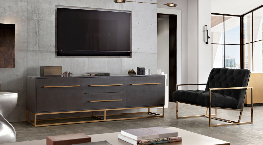 Encore Solid Mango Wood 2-Door / 2-Drawer Entertainment Cabinet in Grey Oak Finish w/ Gold Metal Handle & Base by Diamond Sofa - styled in a staged room by Center Stage Home Design