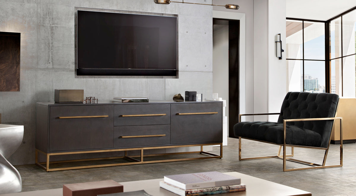 Encore Solid Mango Wood 2-Door / 2-Drawer Entertainment Cabinet in Grey Oak Finish w/ Gold Metal Handle & Base by Diamond Sofa - styled in a staged room by Center Stage Home Design