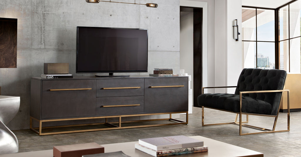 Encore Solid Mango Wood 2-Door / 2-Drawer Entertainment Cabinet in Grey Oak Finish w/ Gold Metal Handle & Base by Diamond Sofa - styled in a staged room by Center Stage Home Design