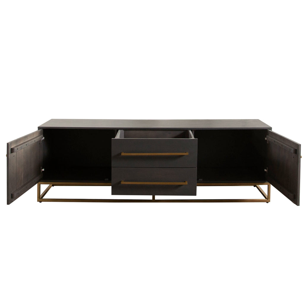 Encore Solid Mango Wood 2-Door / 2-Drawer Entertainment Cabinet in Grey Oak Finish w/ Gold Metal Handle & Base by Diamond Sofa