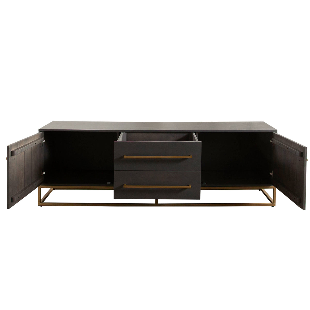 Encore Solid Mango Wood 2-Door / 2-Drawer Entertainment Cabinet in Grey Oak Finish w/ Gold Metal Handle & Base by Diamond Sofa