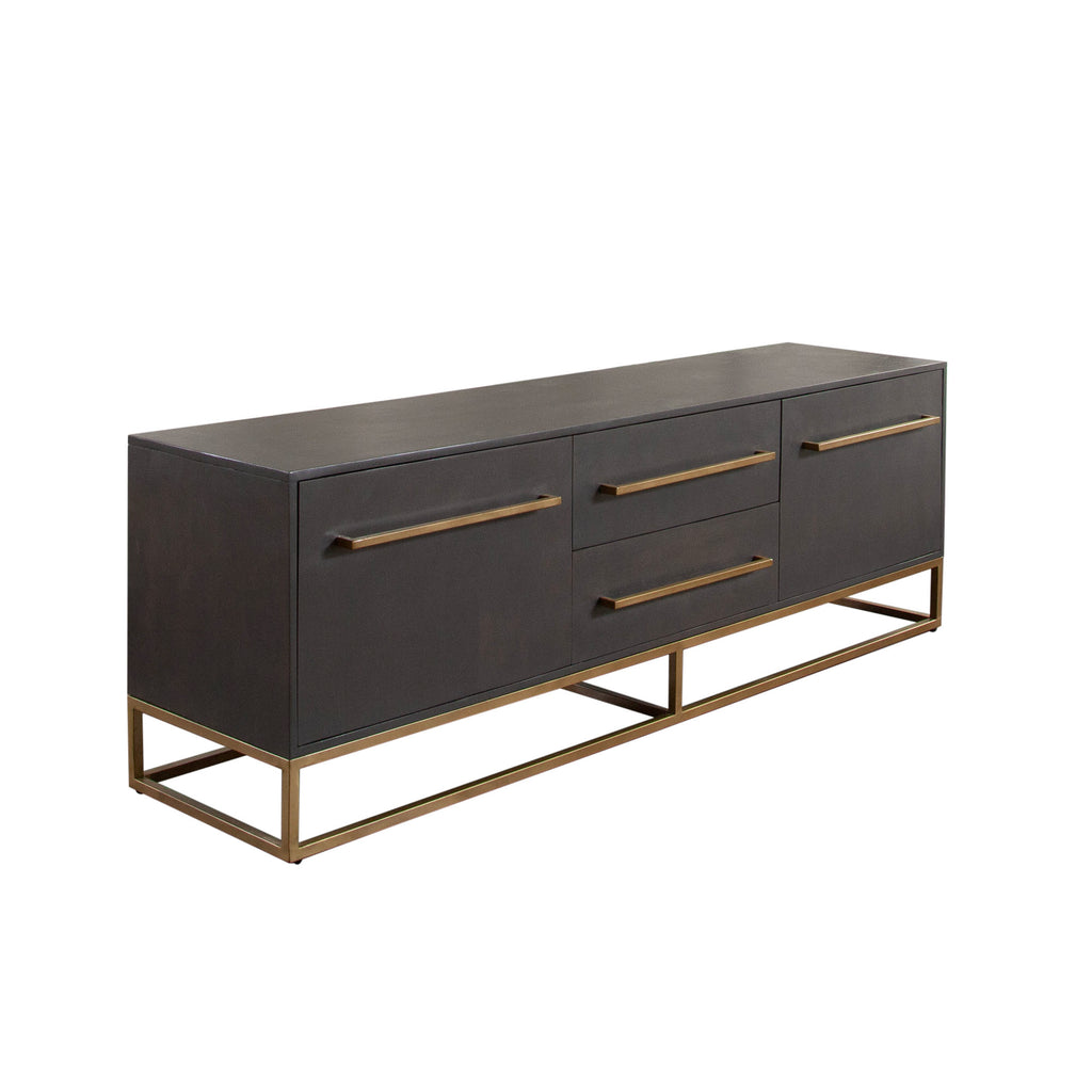 Encore Solid Mango Wood 2-Door / 2-Drawer Entertainment Cabinet in Grey Oak Finish w/ Gold Metal Handle & Base by Diamond Sofa