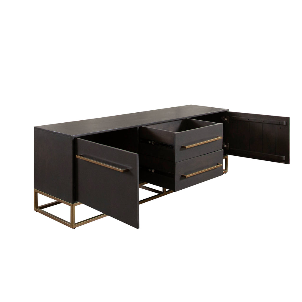 Encore Solid Mango Wood 2-Door / 2-Drawer Entertainment Cabinet in Grey Oak Finish w/ Gold Metal Handle & Base by Diamond Sofa