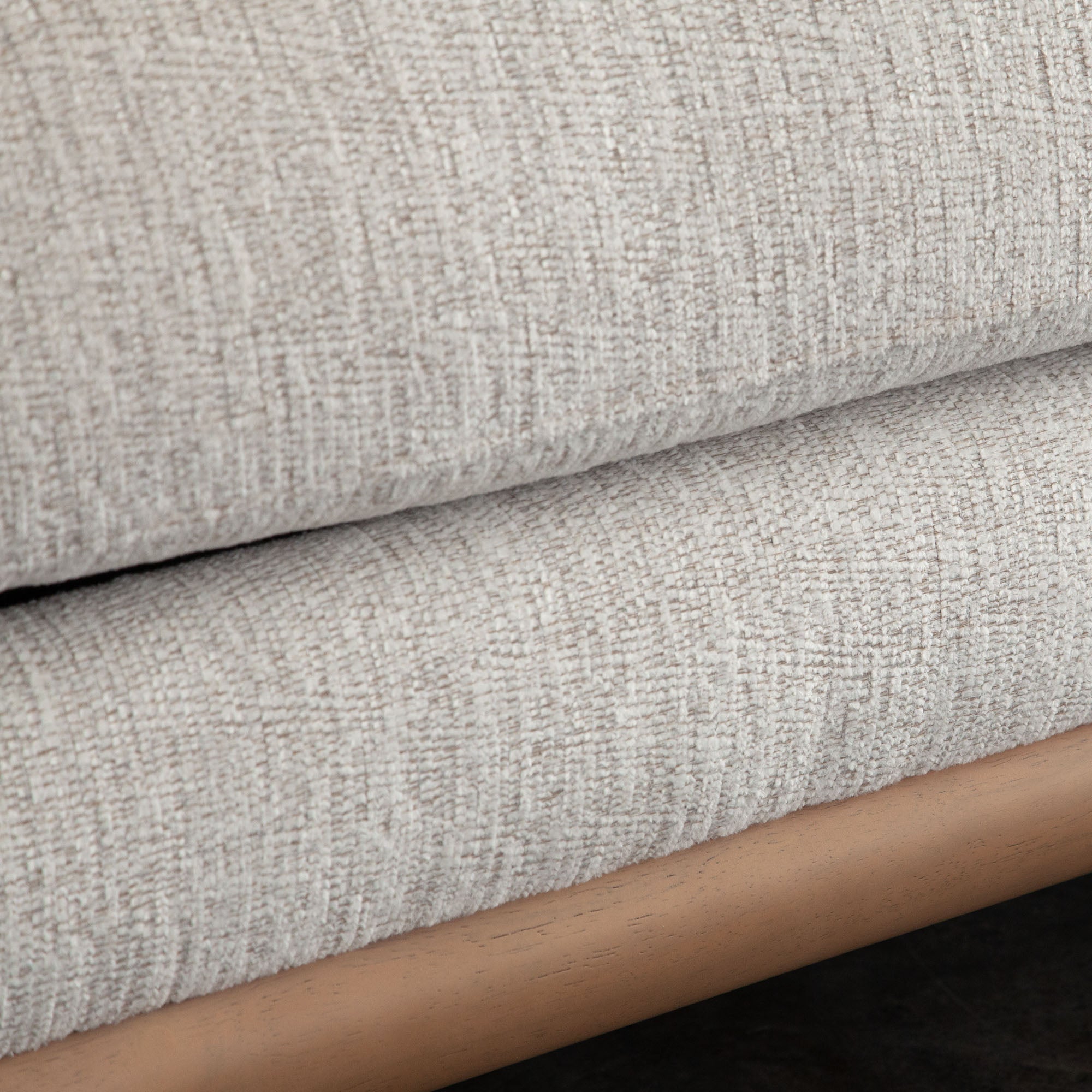 Fallon Sofa in Light Barley Polyester Fabric with Wood Trim & Leg by Diamond Sofa - styled in a staged room by Center Stage Home Design