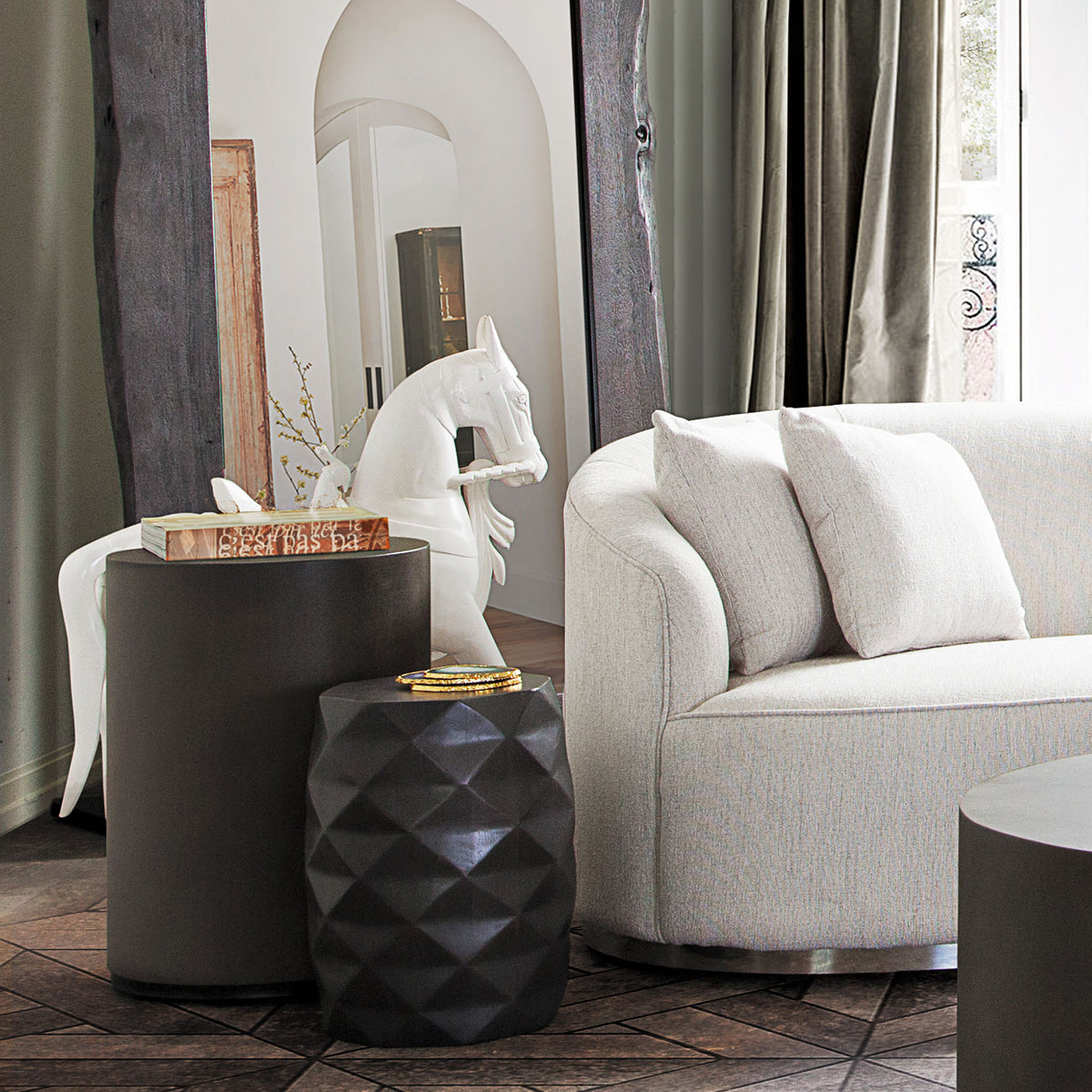 Fig Solid Mango Wood Accent Table in Grey Finish w/ Geometric Motif by Diamond Sofa - styled in a staged room by Center Stage Home Design