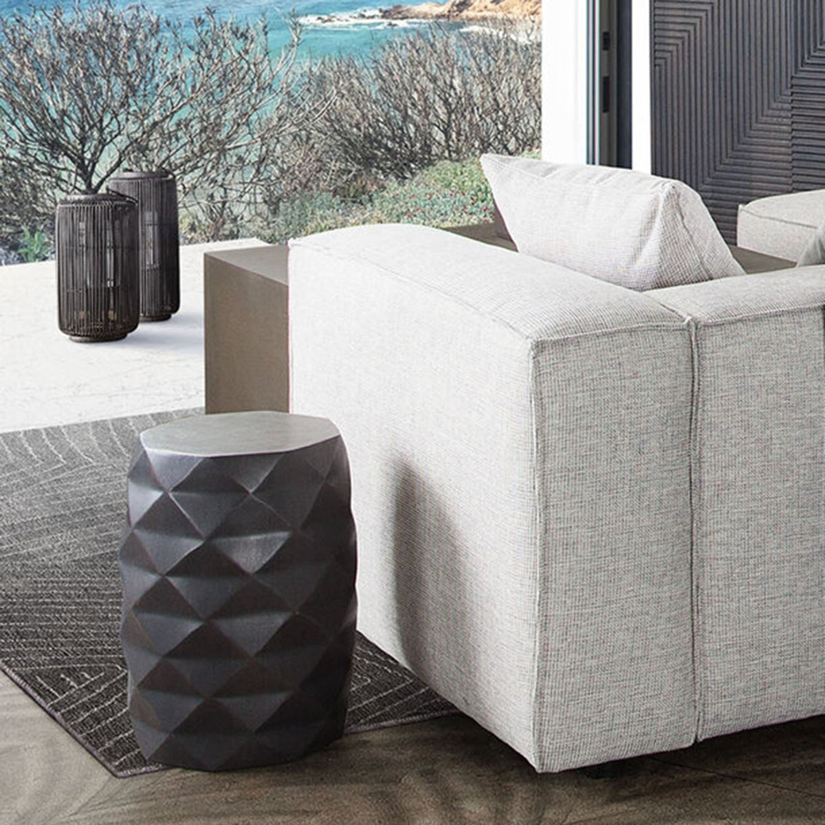Fig Solid Mango Wood Accent Table in Grey Finish w/ Geometric Motif by Diamond Sofa - styled in a staged room by Center Stage Home Design