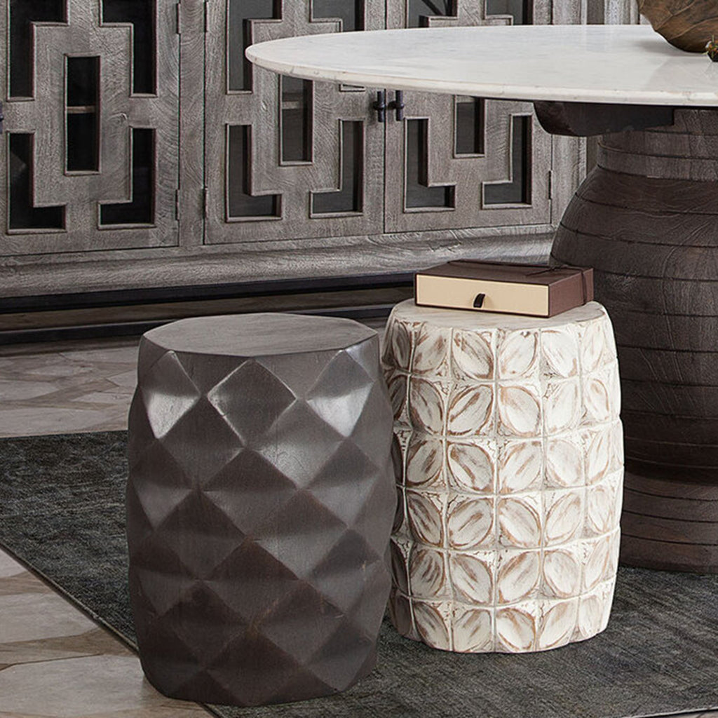 Fig Solid Mango Wood Accent Table in Grey Finish w/ Geometric Motif by Diamond Sofa - styled in a staged room by Center Stage Home Design