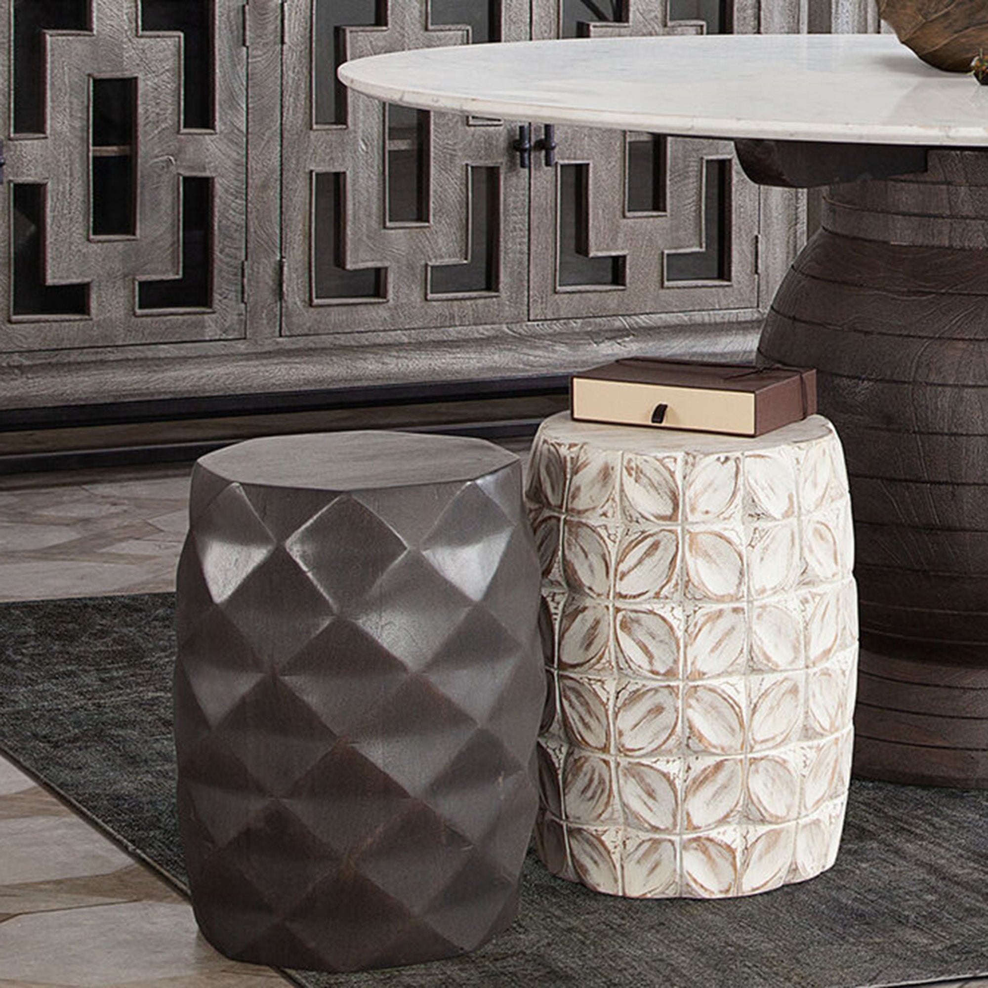 Fig Solid Mango Wood Accent Table in Grey Finish w/ Geometric Motif by Diamond Sofa - styled in a staged room by Center Stage Home Design