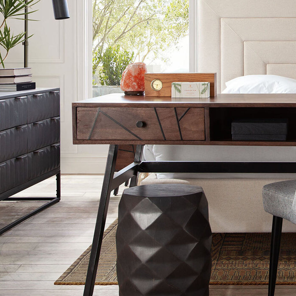 Fig Solid Mango Wood Accent Table in Grey Finish w/ Geometric Motif by Diamond Sofa - styled in a staged room by Center Stage Home Design