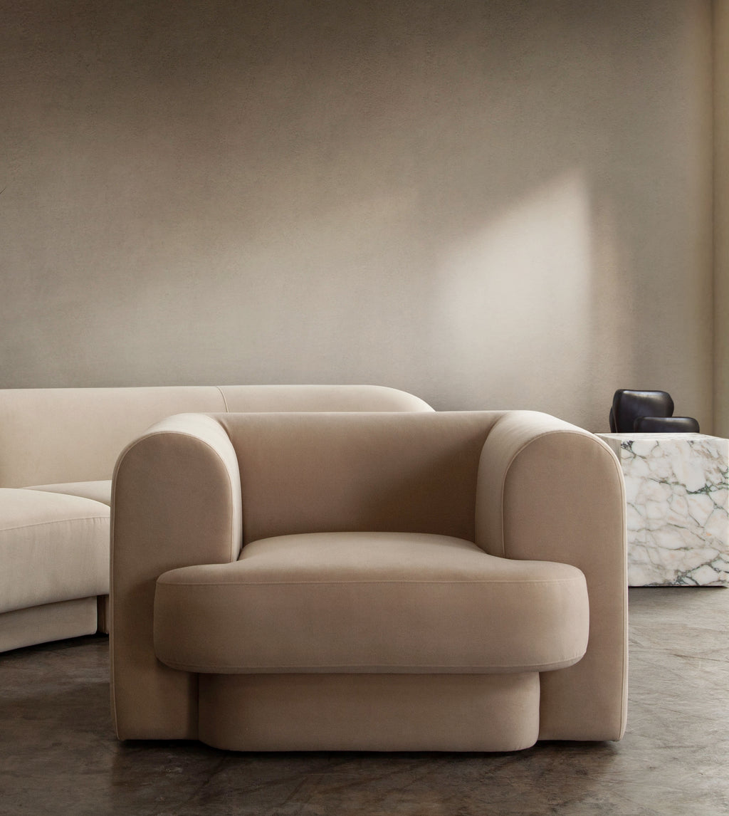 Form Chair in Camel Performance Velvet by Diamond Sofa - styled in a staged room by Center Stage Home Design