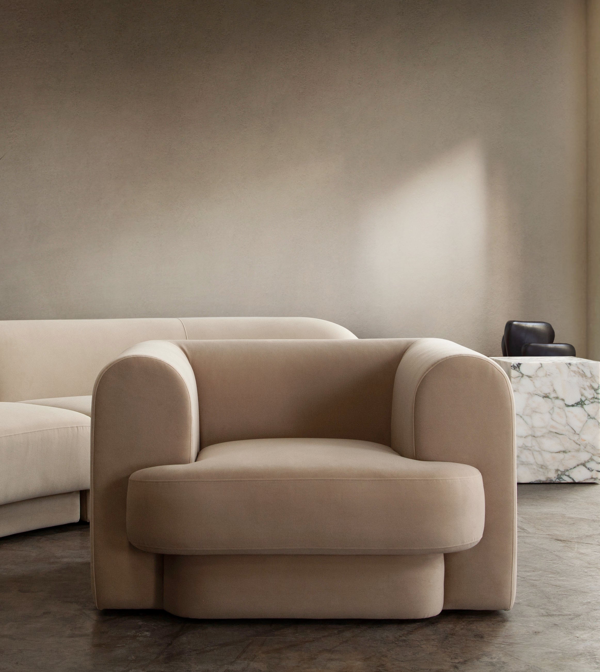 Form Chair in Camel Performance Velvet by Diamond Sofa - styled in a staged room by Center Stage Home Design