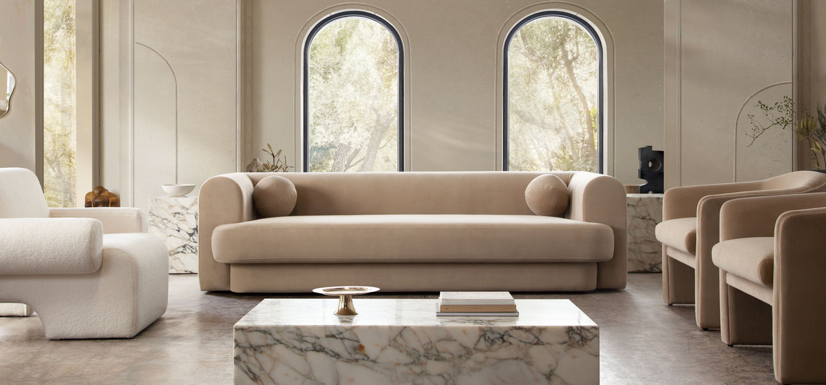 Form Chair in Camel Performance Velvet by Diamond Sofa - styled in a staged room by Center Stage Home Design