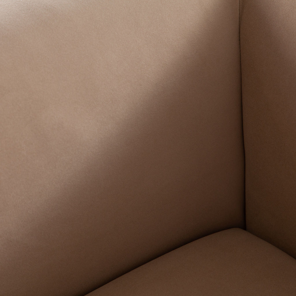 Form Sofa in Camel Performance Velvet w/ (2) Accent Pillow Balls by Diamond Sofa - styled in a staged room by Center Stage Home Design