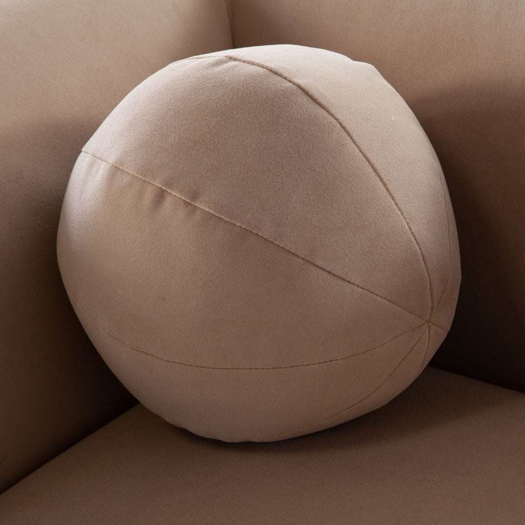 Form Sofa in Camel Performance Velvet w/ (2) Accent Pillow Balls by Diamond Sofa - styled in a staged room by Center Stage Home Design