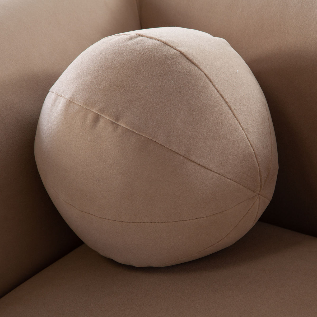Form Sofa in Camel Performance Velvet w/ (2) Accent Pillow Balls by Diamond Sofa - styled in a staged room by Center Stage Home Design