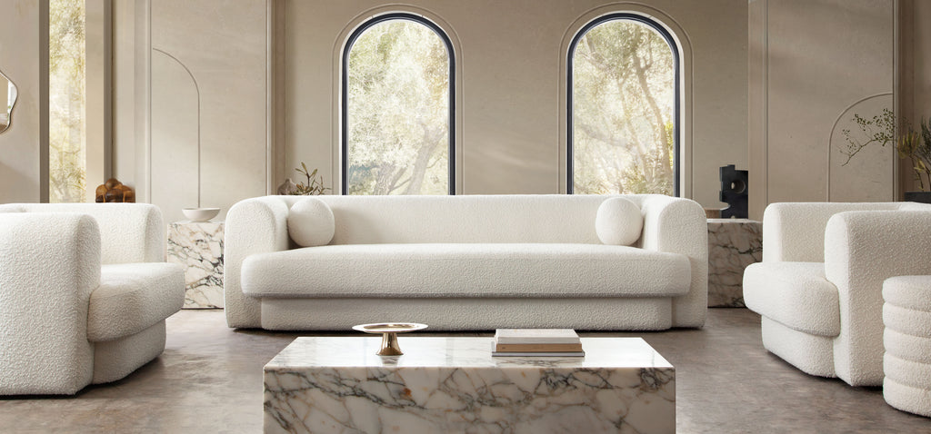 Form Sofa in Ivory Boucle Fabric w/ (2) Accent Pillow Balls by Diamond Sofa - styled in a staged room by Center Stage Home Design