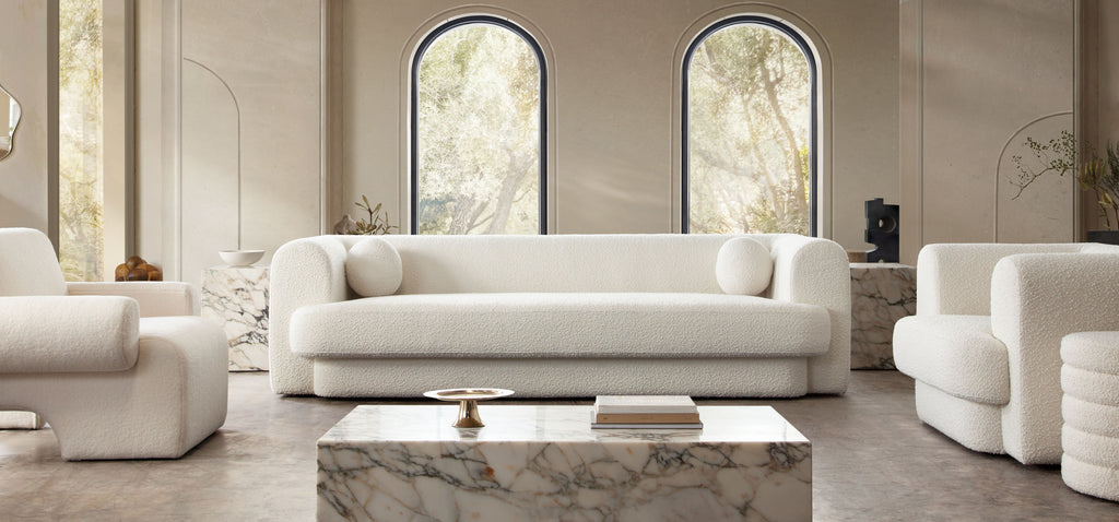 Form Sofa in Ivory Boucle Fabric w/ (2) Accent Pillow Balls by Diamond Sofa - styled in a staged room by Center Stage Home Design