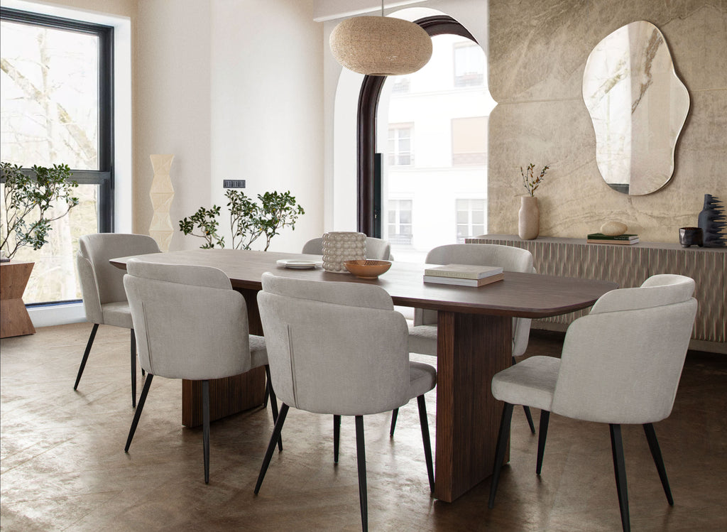 Grace Set of (2) Dining Chairs in Cream Polyester Fabric w/ Black Powder Coat Legs by Diamond Sofa - styled in a staged room by Center Stage Home Design