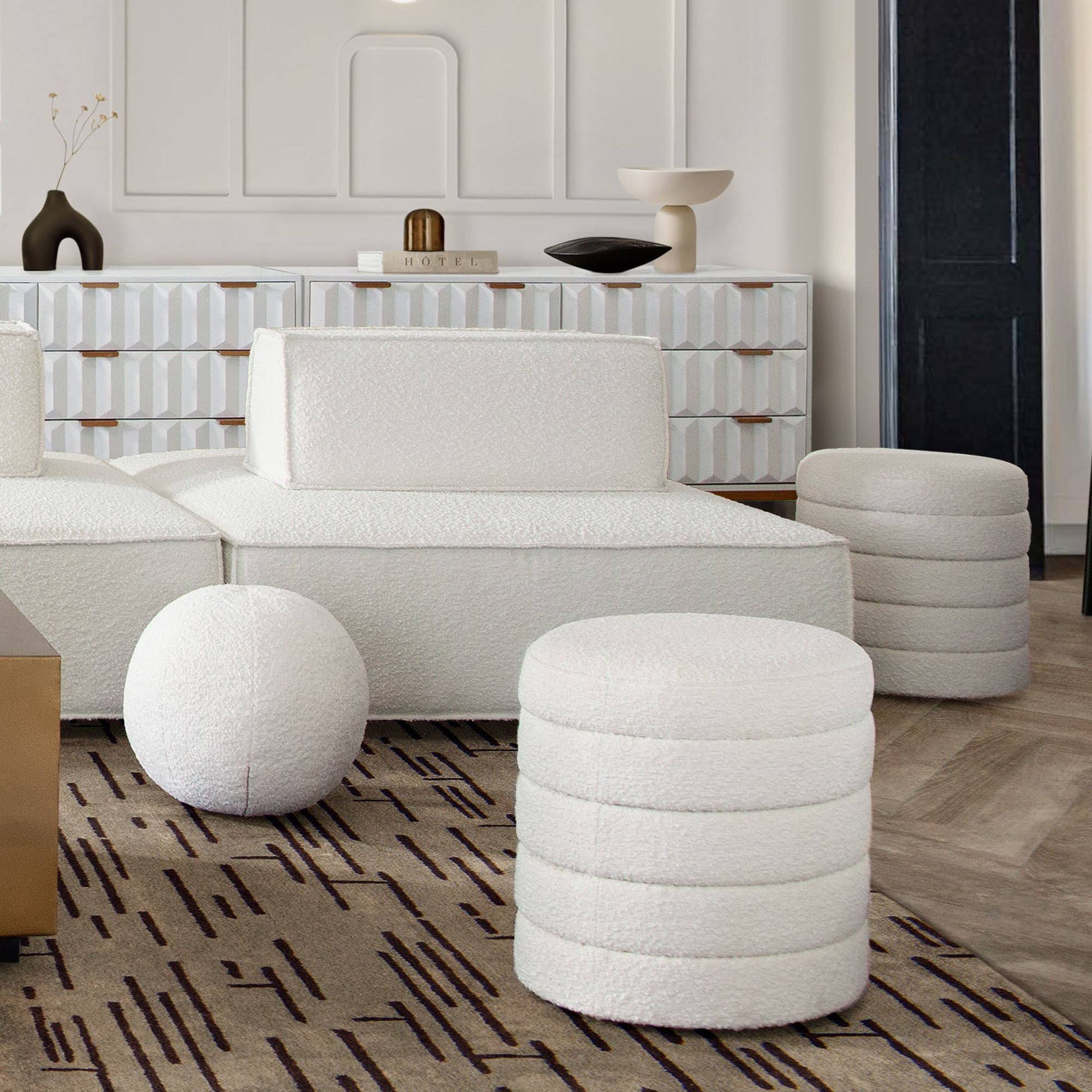 Helix Round Accent Ottoman in Ivory Boucle fabric by Diamond Sofa - styled in a staged room by Center Stage Home Design