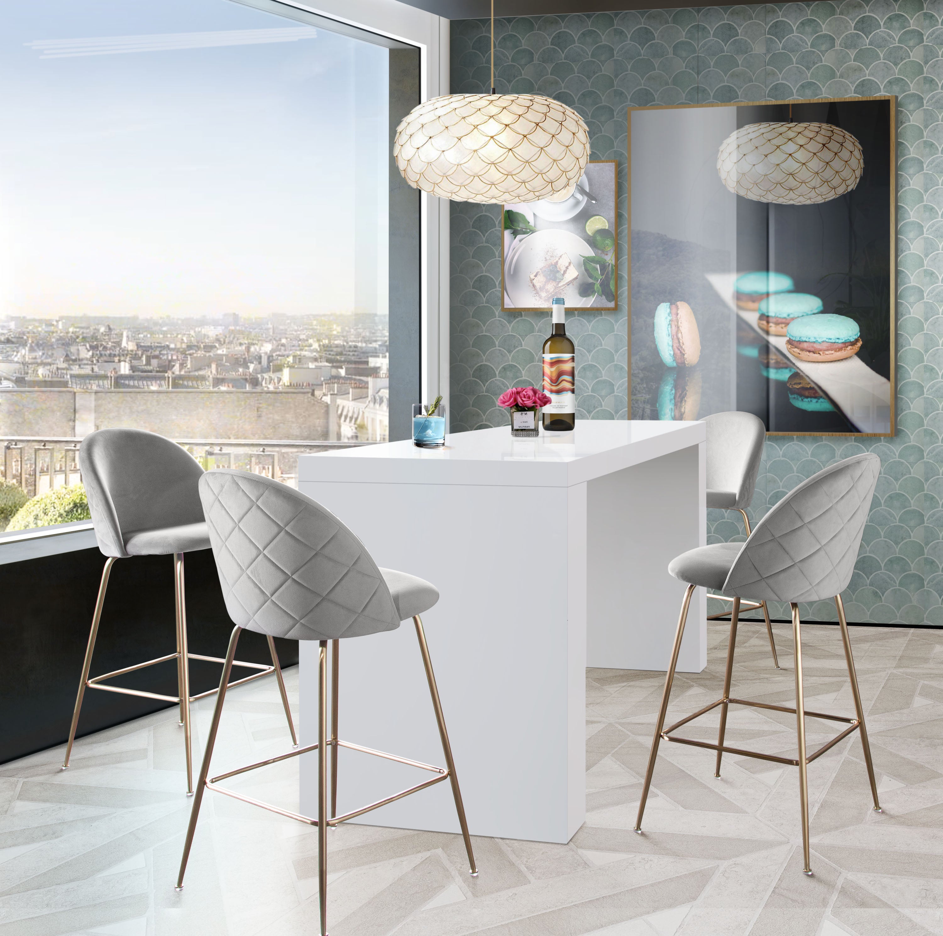 Icon White Lacquer Waterfall Bar Height Table by Diamond Sofa - styled in a staged room by Center Stage Home Design
