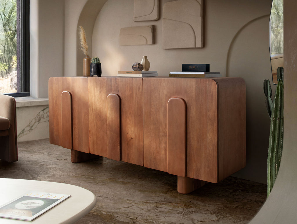 Indigo Solid Wood 3-Door Sideboard in Honey Finish by Diamond Sofa - styled in a staged room by Center Stage Home Design