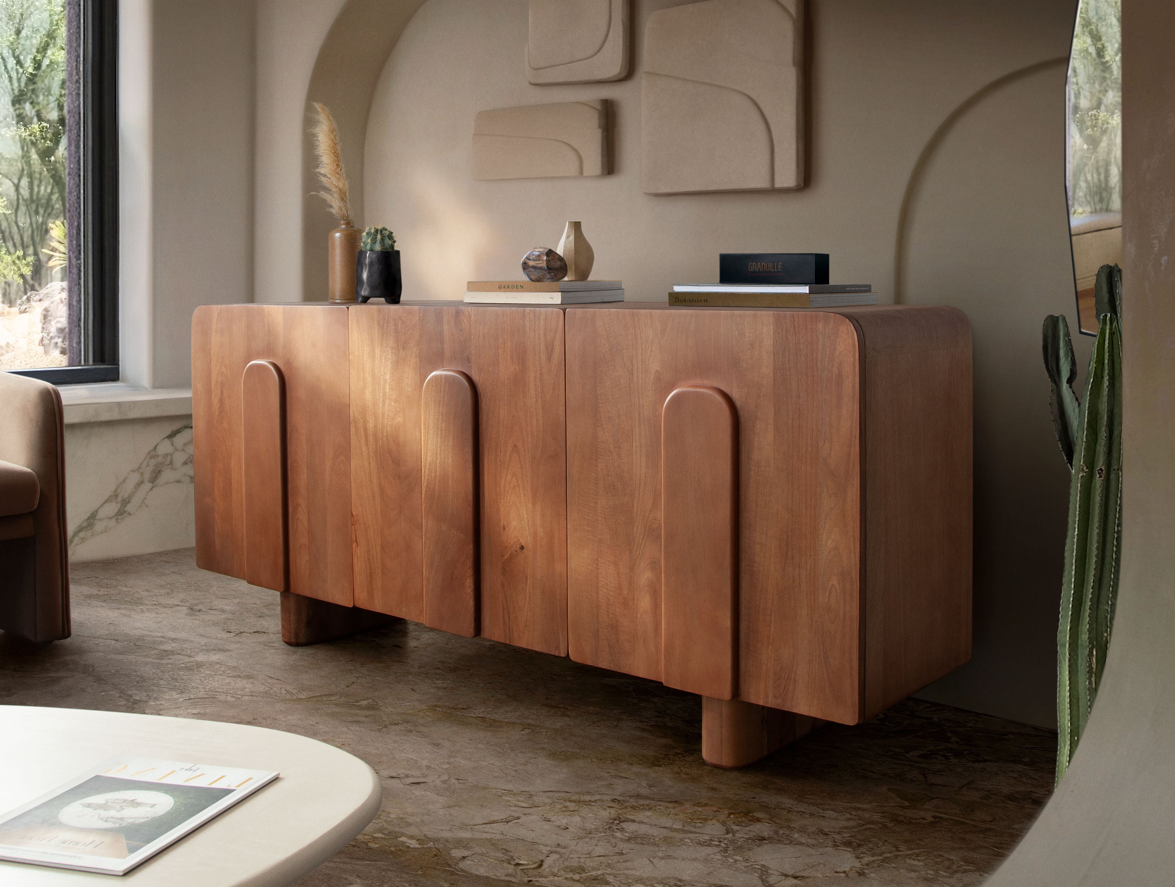 Indigo Solid Wood 3-Door Sideboard in Honey Finish by Diamond Sofa - styled in a staged room by Center Stage Home Design