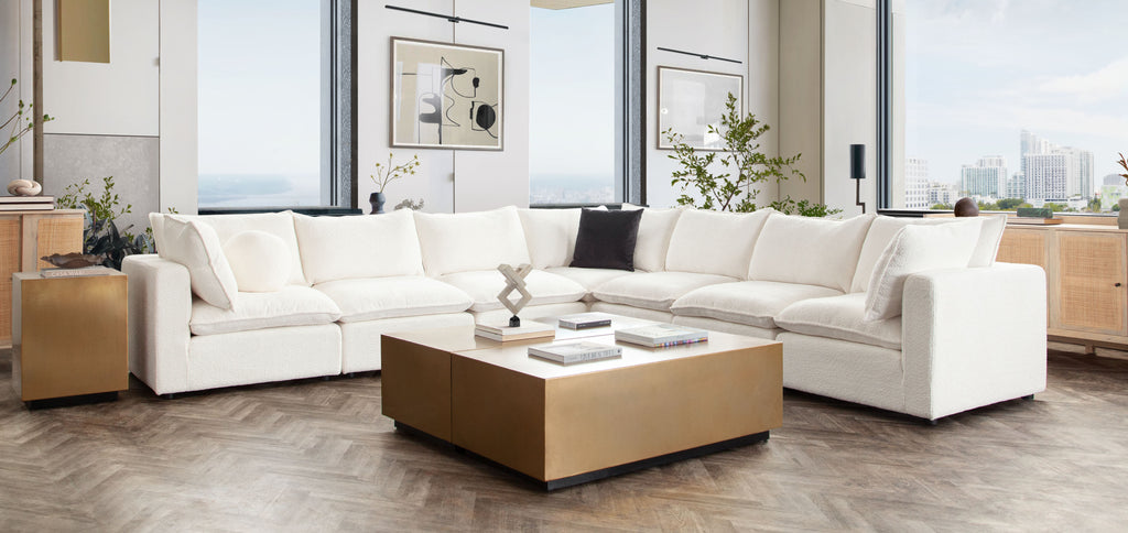 Ivy 4-Piece Reversible Modular Chaise Sectional in White Faux Shearling w/ Feather Down Seating by Diamond Sofa - styled in a staged room by Center Stage Home Design