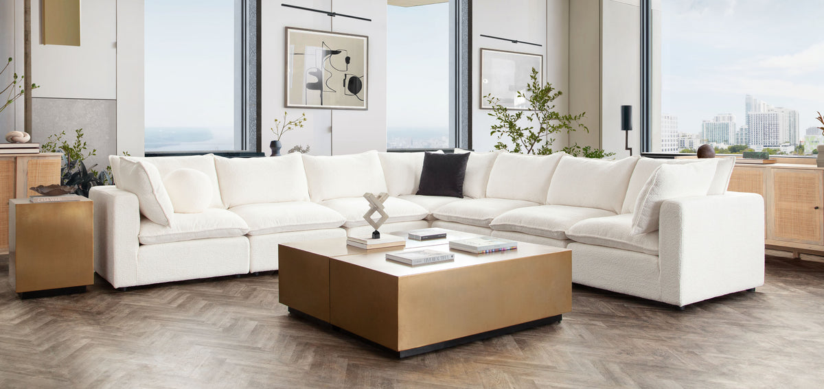 Ivy 4-Piece Reversible Modular Chaise Sectional in White Faux Shearling w/ Feather Down Seating by Diamond Sofa - styled in a staged room by Center Stage Home Design
