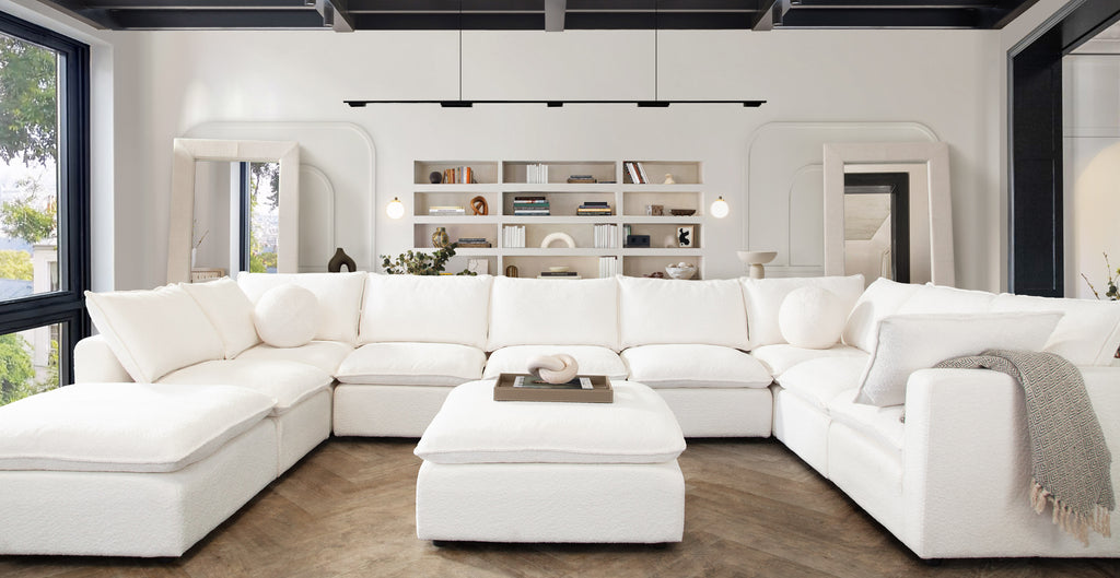 Ivy 4-Piece Reversible Modular Chaise Sectional in White Faux Shearling w/ Feather Down Seating by Diamond Sofa - styled in a staged room by Center Stage Home Design