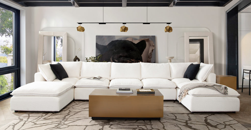 Ivy 4-Piece Reversible Modular Chaise Sectional in White Faux Shearling w/ Feather Down Seating by Diamond Sofa - styled in a staged room by Center Stage Home Design