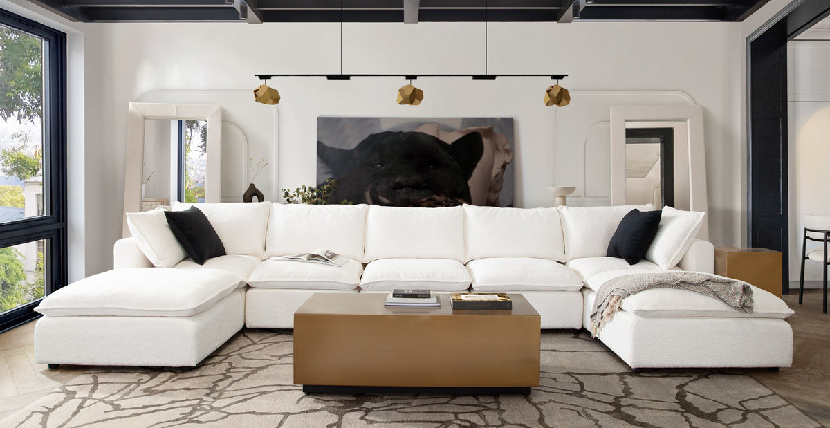 Ivy 4-Piece Reversible Modular Chaise Sectional in White Faux Shearling w/ Feather Down Seating by Diamond Sofa - styled in a staged room by Center Stage Home Design
