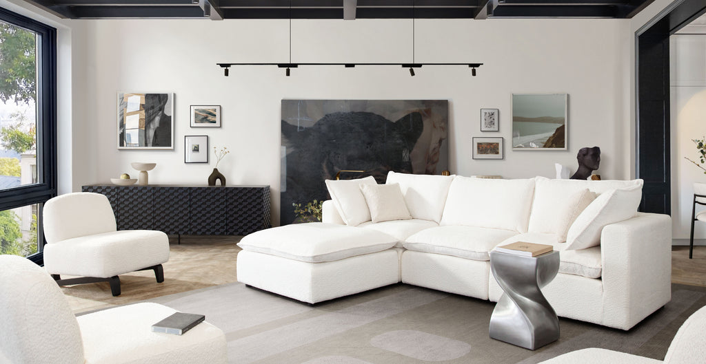 Ivy 4-Piece Reversible Modular Chaise Sectional in White Faux Shearling w/ Feather Down Seating by Diamond Sofa - styled in a staged room by Center Stage Home Design