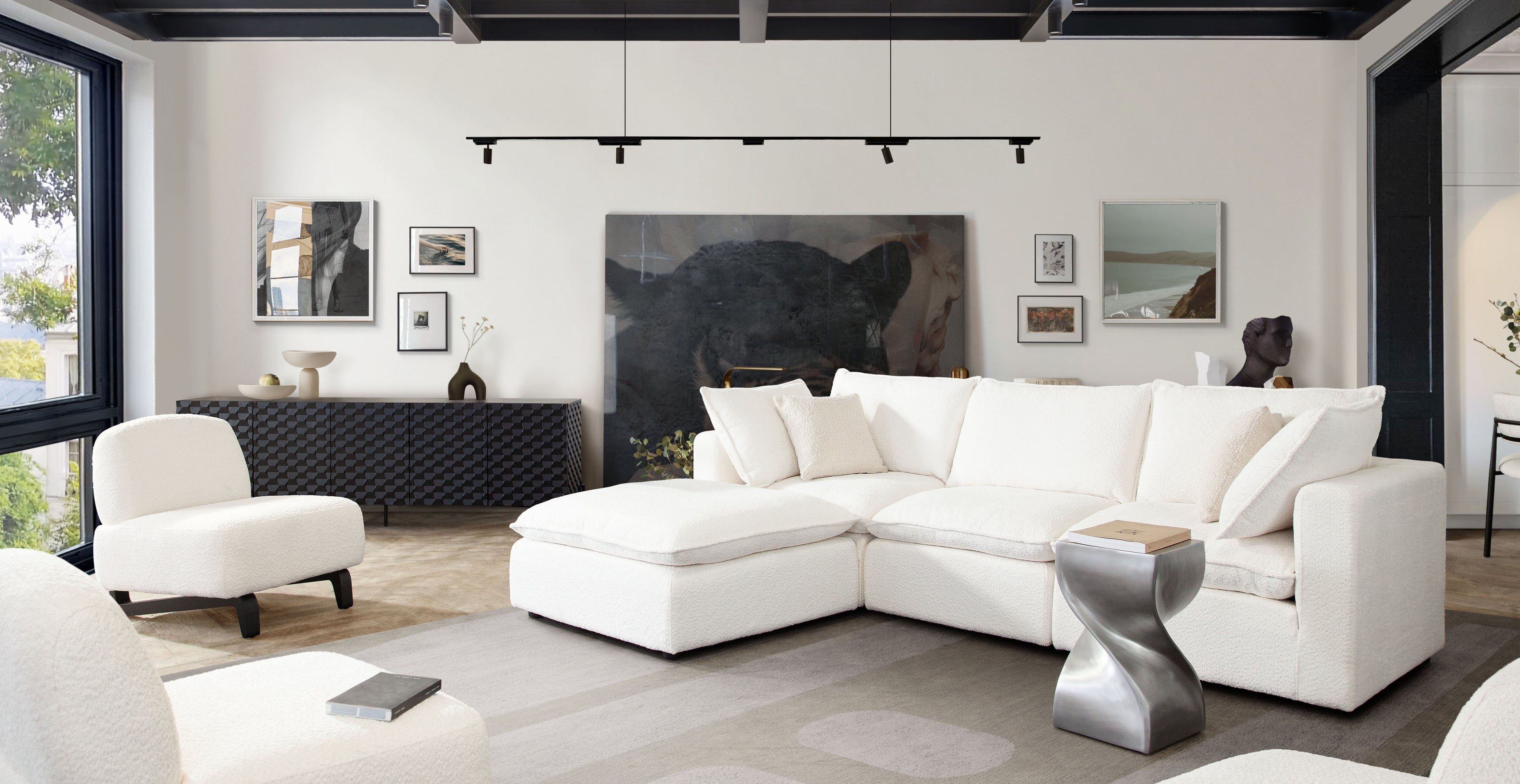 Ivy 4-Piece Reversible Modular Chaise Sectional in White Faux Shearling w/ Feather Down Seating by Diamond Sofa - styled in a staged room by Center Stage Home Design