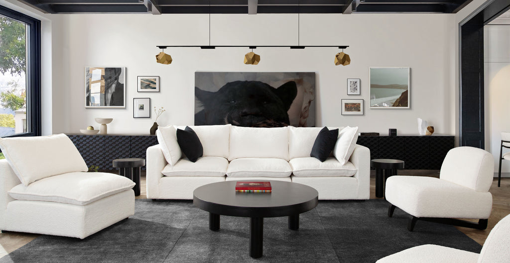 Ivy 3-Piece Modular Sofa in White Faux Shearling w/ Feather Down Seating by Diamond Sofa - styled in a staged room by Center Stage Home Design