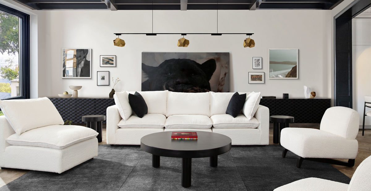 Ivy 3-Piece Modular Sofa in White Faux Shearling w/ Feather Down Seating by Diamond Sofa - styled in a staged room by Center Stage Home Design