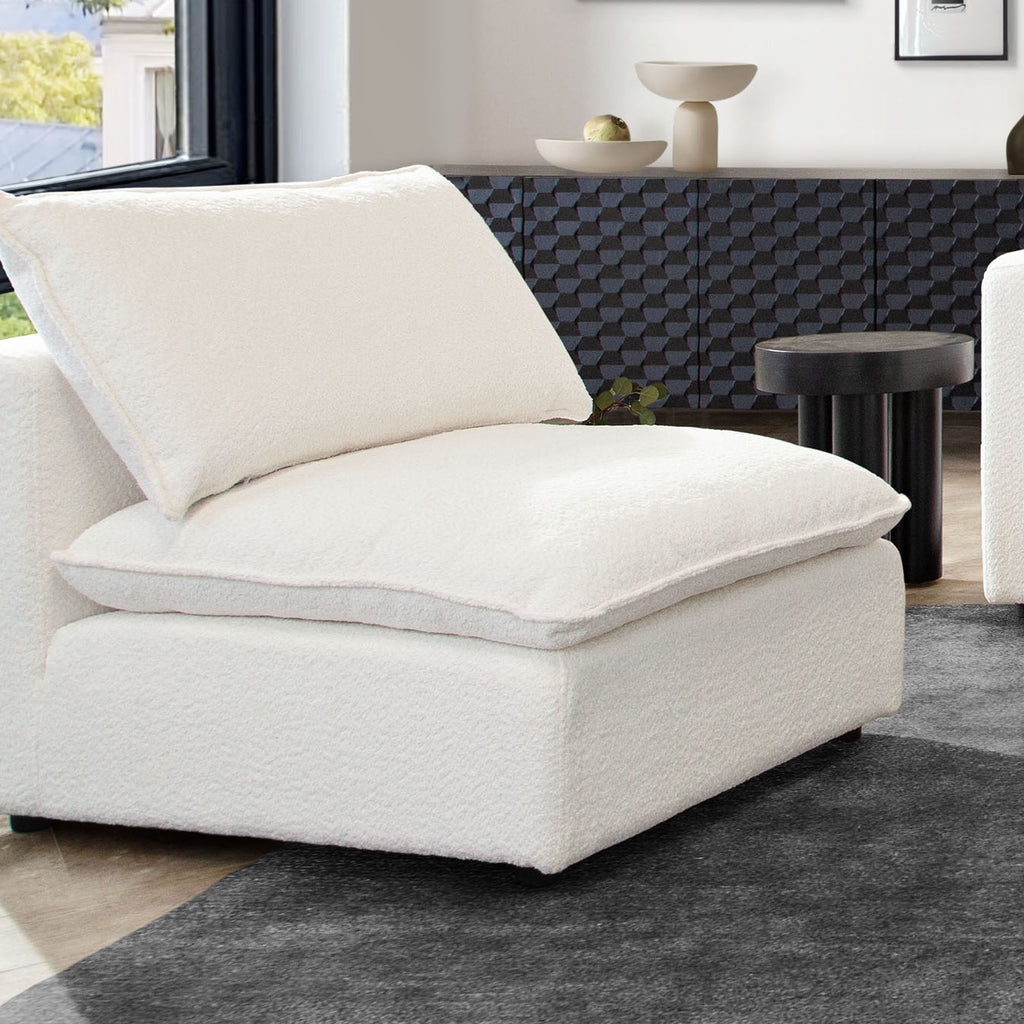 Ivy Armless Chair in White Faux Shearling w/ Feather Down Seating by Diamond Sofa - styled in a staged room by Center Stage Home Design