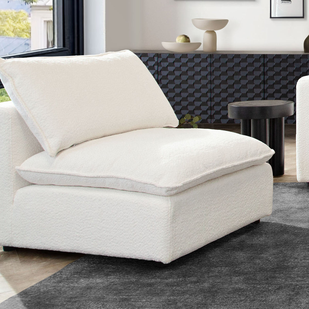Ivy Armless Chair in White Faux Shearling w/ Feather Down Seating by Diamond Sofa - styled in a staged room by Center Stage Home Design
